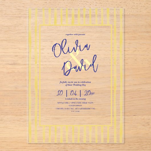 Modern Yellow Hand Written Pinstripe Italy Wedding アクリル招待状 (正面)