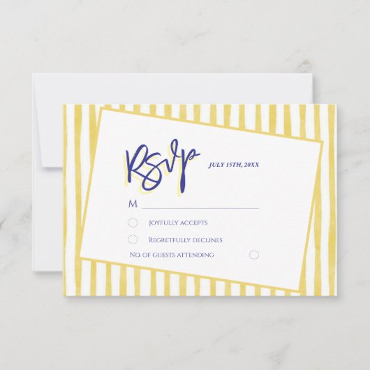 Modern Yellow Hand Written Pinstripe Italy Wedding 出欠カード (正面)
