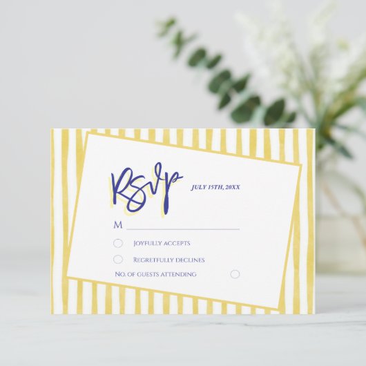 Modern Yellow Hand Written Pinstripe Italy Wedding 出欠カード (スタンド正面)