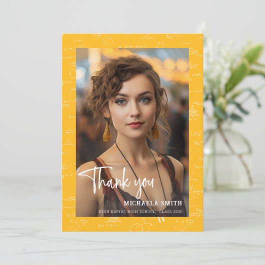 Modern Yellow Math Script Photo Graduation  サンキューカード (スタンド正面)