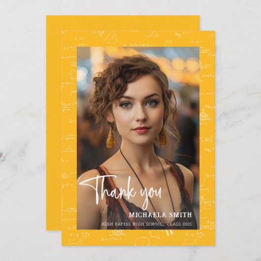 Modern Yellow Math Script Photo Graduation  サンキューカード (正面/裏面)