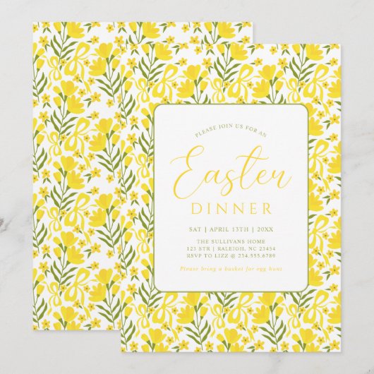 Modern Yellow Spring Floral Bow Easter Dinner 招待状 (正面/裏面)