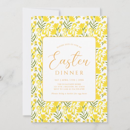 Modern Yellow Spring Floral Bow Easter Dinner 招待状 (正面)