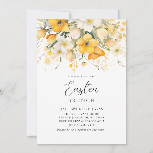 Modern Yellow Spring Floral Easter Brunch 招待状 (正面)