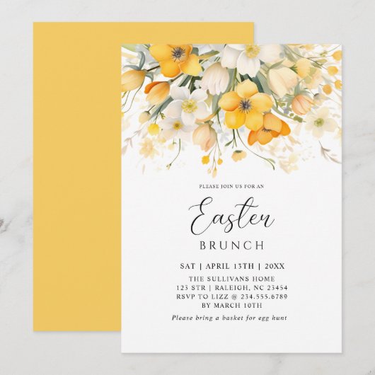Modern Yellow Spring Floral Easter Brunch 招待状 (正面/裏面)