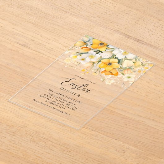 Modern Yellow Spring Floral Easter Dinner アクリル招待状 (レイダウン)