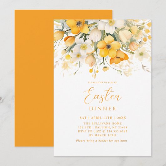 Modern Yellow Spring Floral Easter Dinner 招待状 (正面/裏面)