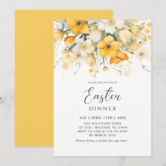 Modern Yellow Spring Floral Easter Dinner 招待状 (正面/裏面)