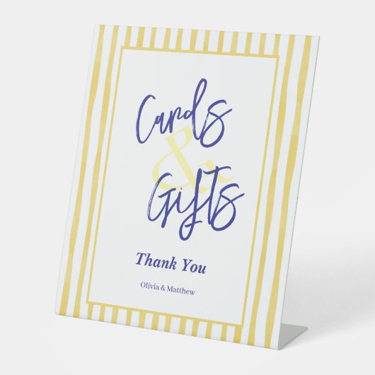 Modern Yellow Stripe Hand Drawn Wedding 台座サイン (正面)