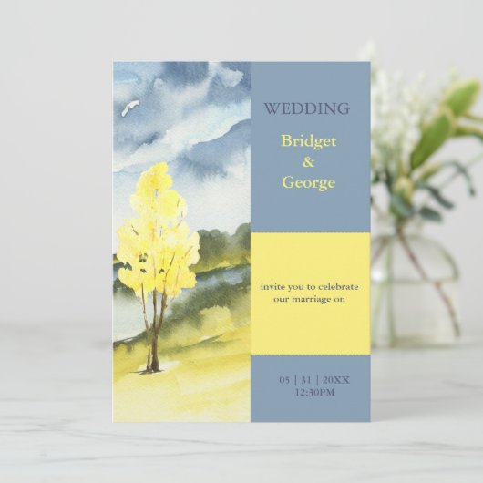 Modern Yellow Tree Landscape destination Wedding 招待状 (スタンド正面)