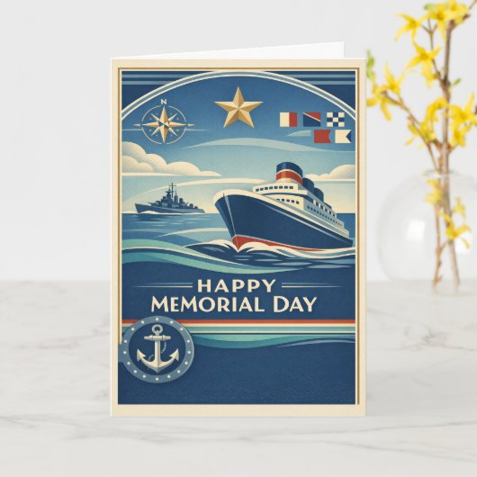 Moderne Blue Nautical Memorial Day カード (黄色い花)