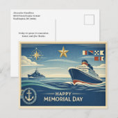 Moderne Blue Nautical Memorial Day シーズンポストカード (正面/裏面)