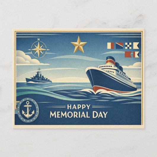 Moderne Blue Nautical Memorial Day シーズンポストカード (正面)