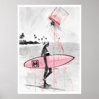 Moderne Fashion Collage: Surferin am Strand mit ro ポスター