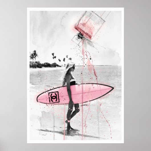 Moderne Fashion Collage: Surferin am Strand mit ro ポスター (正面)