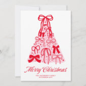 ModernPink Red Bow Merry Christmas Holiday Card シーズンカード (正面)