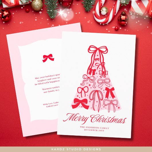 ModernPink Red Bow Merry Christmas Holiday Card シーズンカード