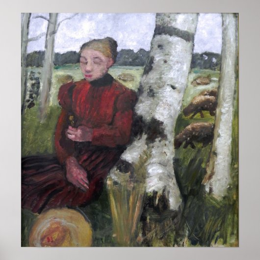 Modersohn-Becker - 白樺の少女たち、羊の群れ ポスター (正面)