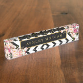 Modish花の金ゴールドフレームの白黒のストライプ デスクネームプレート (側面)