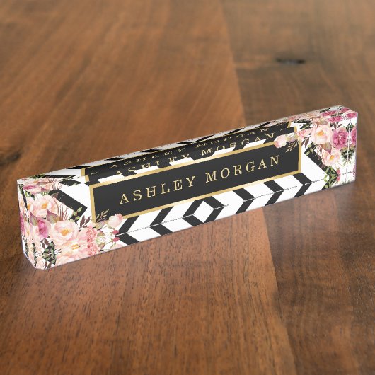 Modish花の金ゴールドフレームの白黒のストライプ デスクネームプレート (側面)