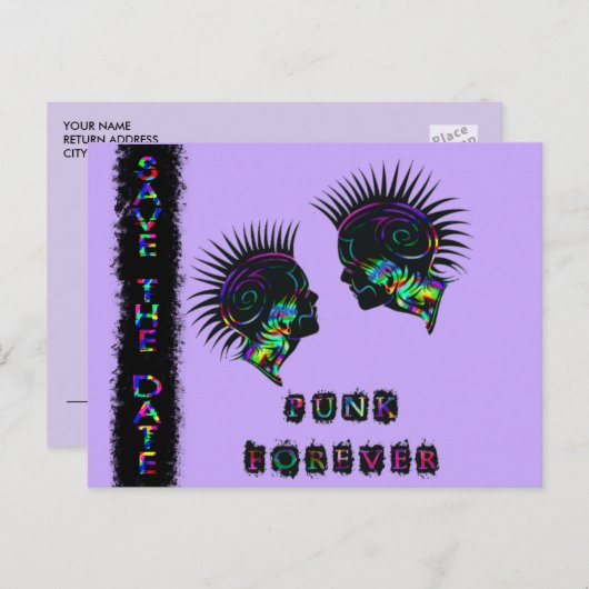 Mohawkは日付はがきパンクロック結婚の 案内ポストカード (正面/裏面)