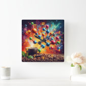 Molecular Caffeine Structure – サイエンスアートコーヒー スクエア壁時計 (ホーム)