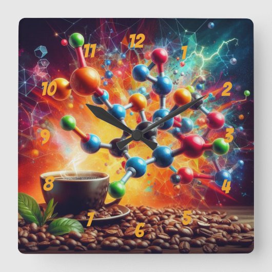 Molecular Caffeine Structure – サイエンスアートコーヒー スクエア壁時計 (正面)