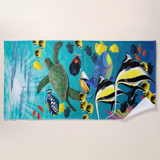 Molokiniの入江のハワイの熱帯魚のイラストレーション ビーチタオル (正面)