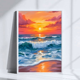 Molten Horizon | Ocean Waves Sunset Watercolor ポスター
