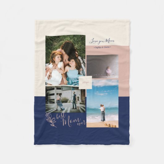 Momのモダンカラーブロックフォトコラージュ フリースブランケット (正面)