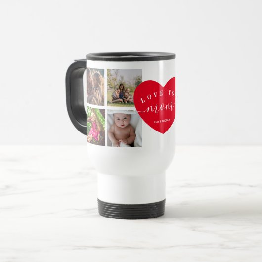 Momギフトカスタマイズ写真コラージュモダンハート トラベルマグ (正面左)