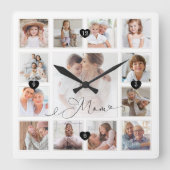 Momスクリプトファミリーメモリーフォトグリッドコラージュ スクエア壁時計 (正面)