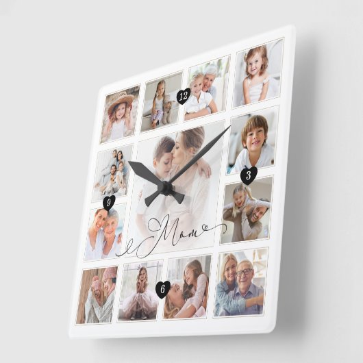 Momスクリプトファミリーメモリーフォトグリッドコラージュ スクエア壁時計 (傾斜)