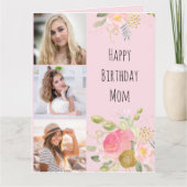 Momピンクと金ゴールドフェミニンフローラ3フォト誕生日 カード (正面)