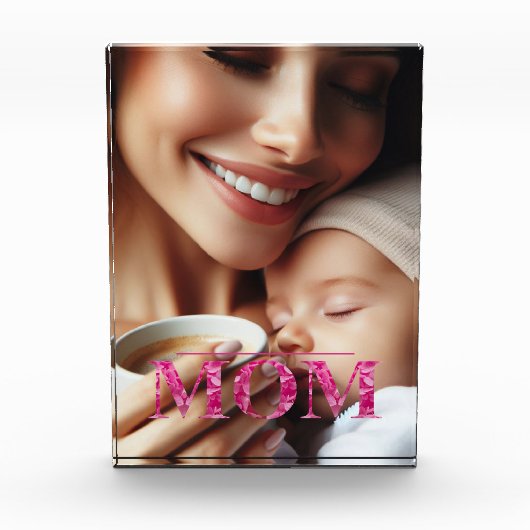 MOMピンクフローラレタリングパーソナライズされた垂直 フォトブロック (正面)