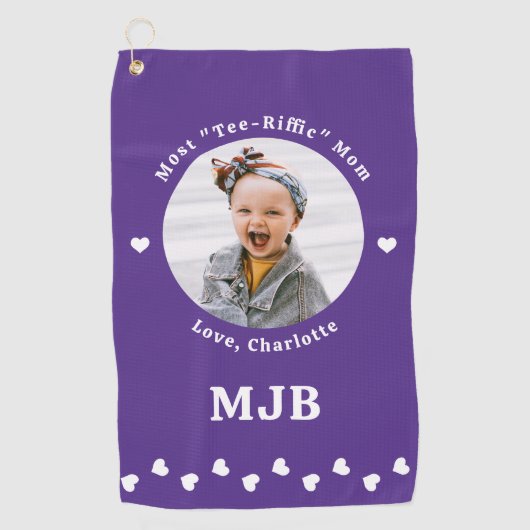 MOMフォトプモダンロガーパーソナライズされたパープル ゴルフタオル (正面)