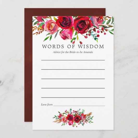 Mom用水色フローラブライダルシャワーアドバイス 招待状 (正面/裏面)