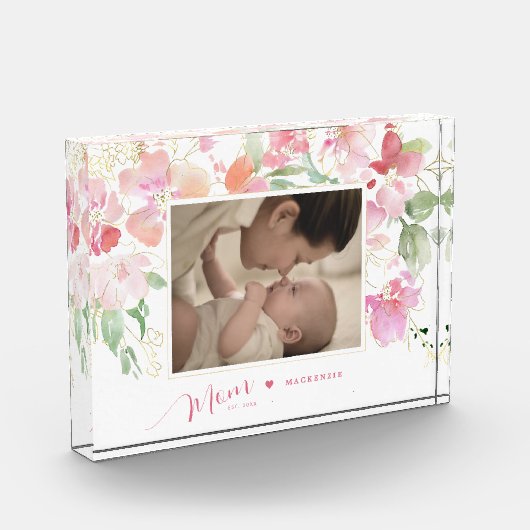 Mom確立された赤面ピンクフローラ水色 フォトブロック (左)