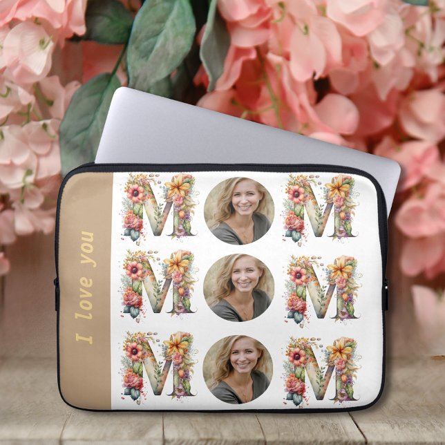 MOM花パーソナライズされた母の日の写真 ラップトップスリーブ (Personalised MOM flowers Mothers Day Photo Laptop Sleeve)