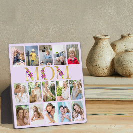 Mom金ゴールドレター15縦写真コラージュ薄紫 フォトプラーク