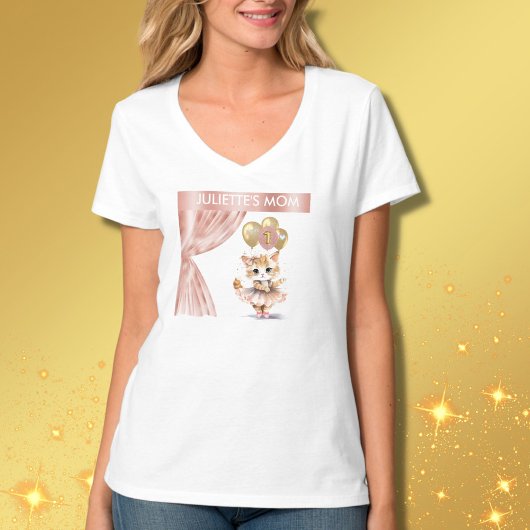 MOM 魅力的 Ballerina Cat 1st Birthday Girl Name Tシャツ