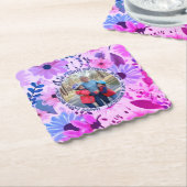 Mom 60誕生日ピンクとブルーのフローラ写真 ペーパーコースター (アングル)