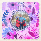 Mom 60誕生日ピンクとブルーのフローラ写真 ペーパーコースター (正面)