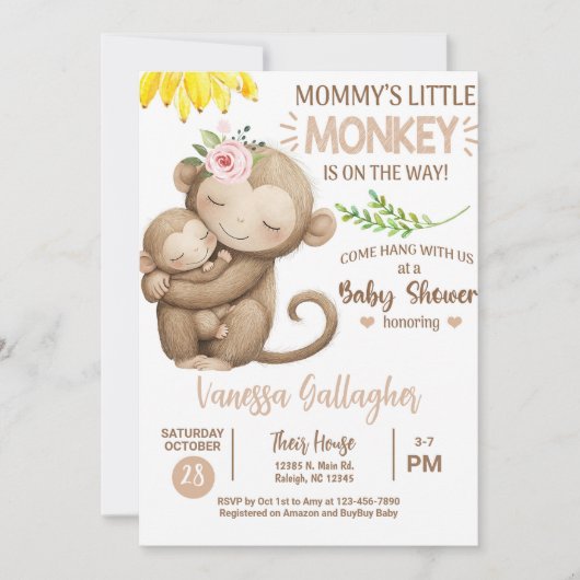 Mom and baby monkey baby shower invitation. 招待状 (正面)