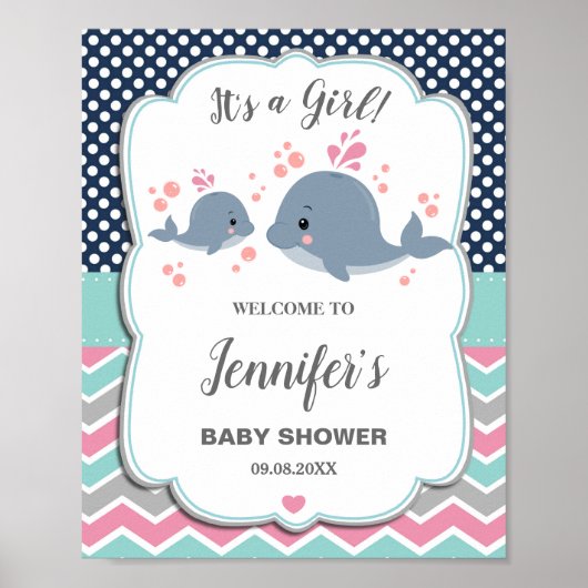 Mom and Baby Whales Baby Shower Nautical Welcome ポスター (正面)