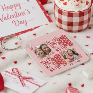 Mom and Child Photo Red Plaid Valentine Hearts キーホルダー