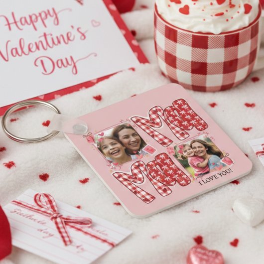 Mom and Child Photo Red Plaid Valentine Hearts キーホルダー