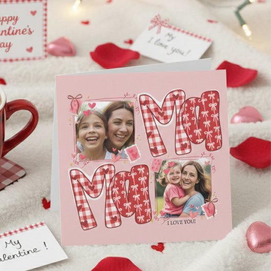 Mom and Child Photo Valentines Red Plaid Love カード