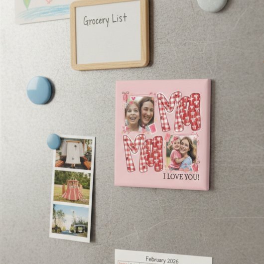 Mom and Child Valentine Pink Red Plaid Hearts マグネット