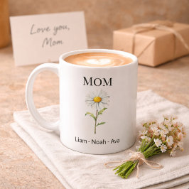 Mom April Birth Flower with Kids Names コーヒーマグカップ